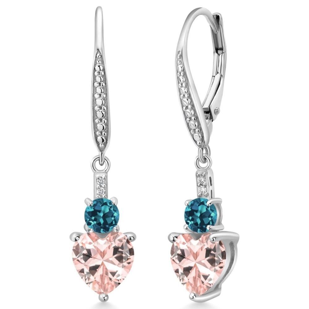 925 Sterling Silver with 3.19Cttw Peach Morganite and Blue Topaz Heart Earrings